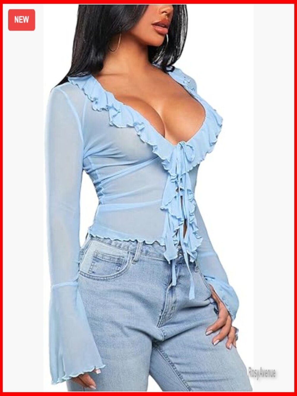 Long Bell Sleeve Tie Front Mesh Crop Top See Through Ruffle Trim Tee